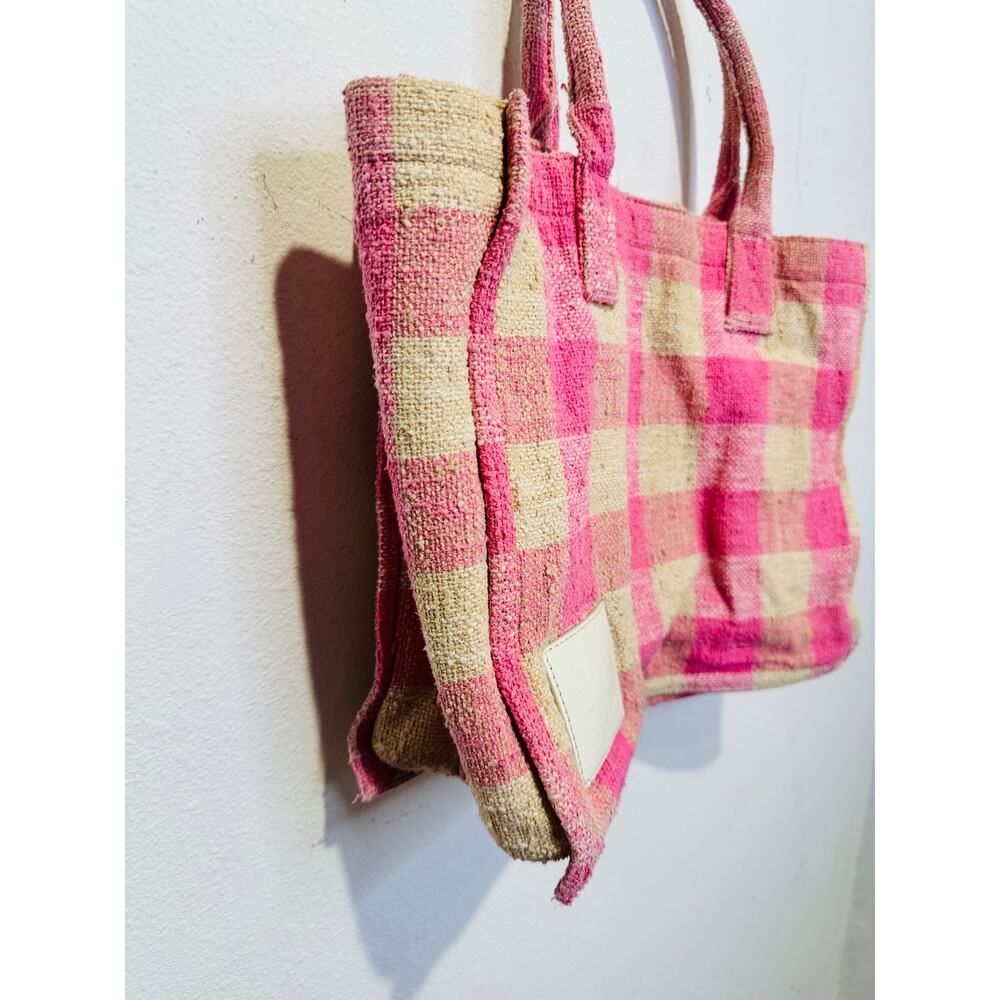 SANDRO Women's Beige Pink Rose Gingham Checkered Tote Bag - Picture 7 of 16